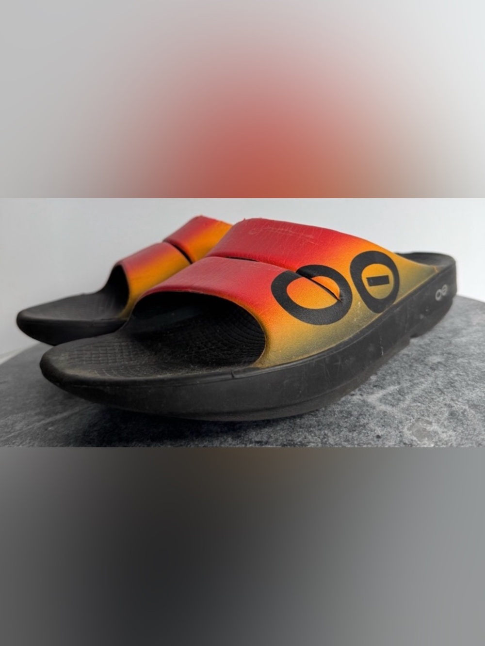 Oofos Ooah Slides Ombre Yellow Red Logo Black 8 10
